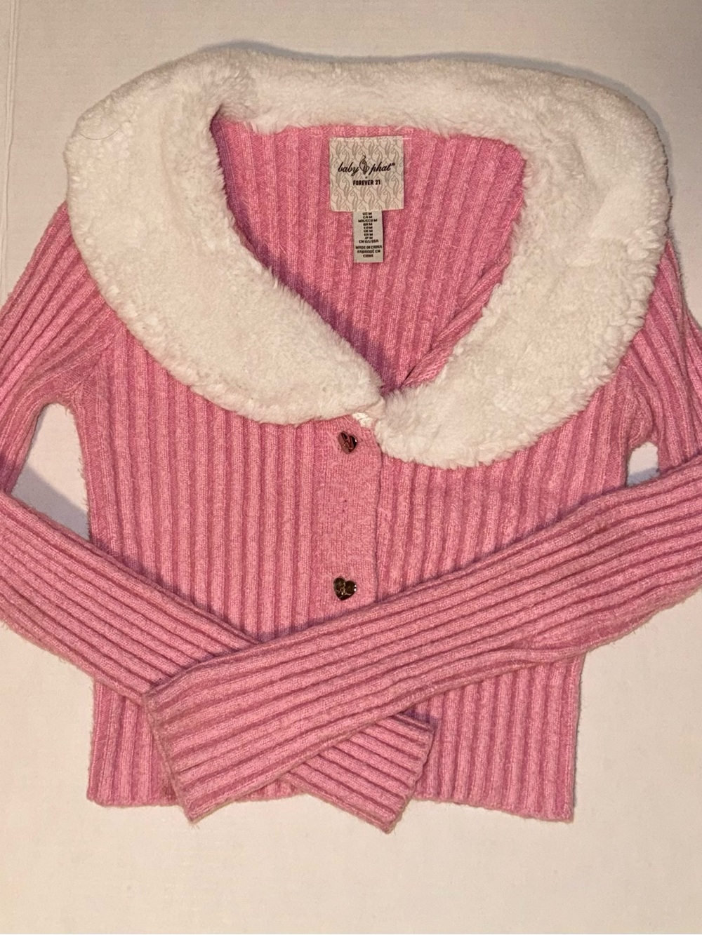 Baby Phat x Forever 21 Pink Faux Fur Collar Cardigan Size M